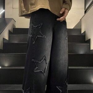 Star Embellished Black Wide-Leg Jeans